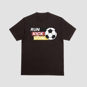 Black T-Shirt – Run, Kick, Goal Soccer Print