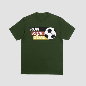 Green T-Shirt – Run, Kick, Goal Soccer Print