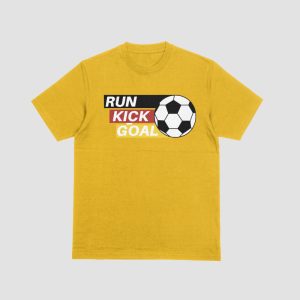 Yellow T-Shirt – Run, Kick, Goal Soccer Print