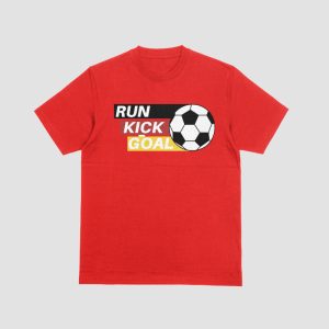Red T-Shirt – Run, Kick, Goal Soccer Print